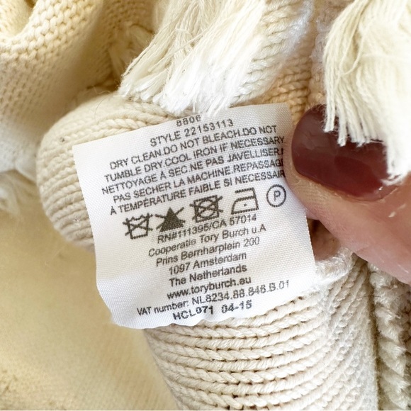 Tory Burch Women’s Baja Mixed Knit Hoodie Cream Tassel V Neck Pullover Sweater S - Picture 12 of 14
